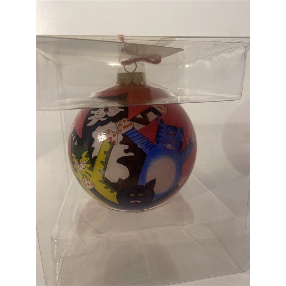 Christmas Inside Hand Painted Hand Blown Glass Ornament Four Cute Cats
